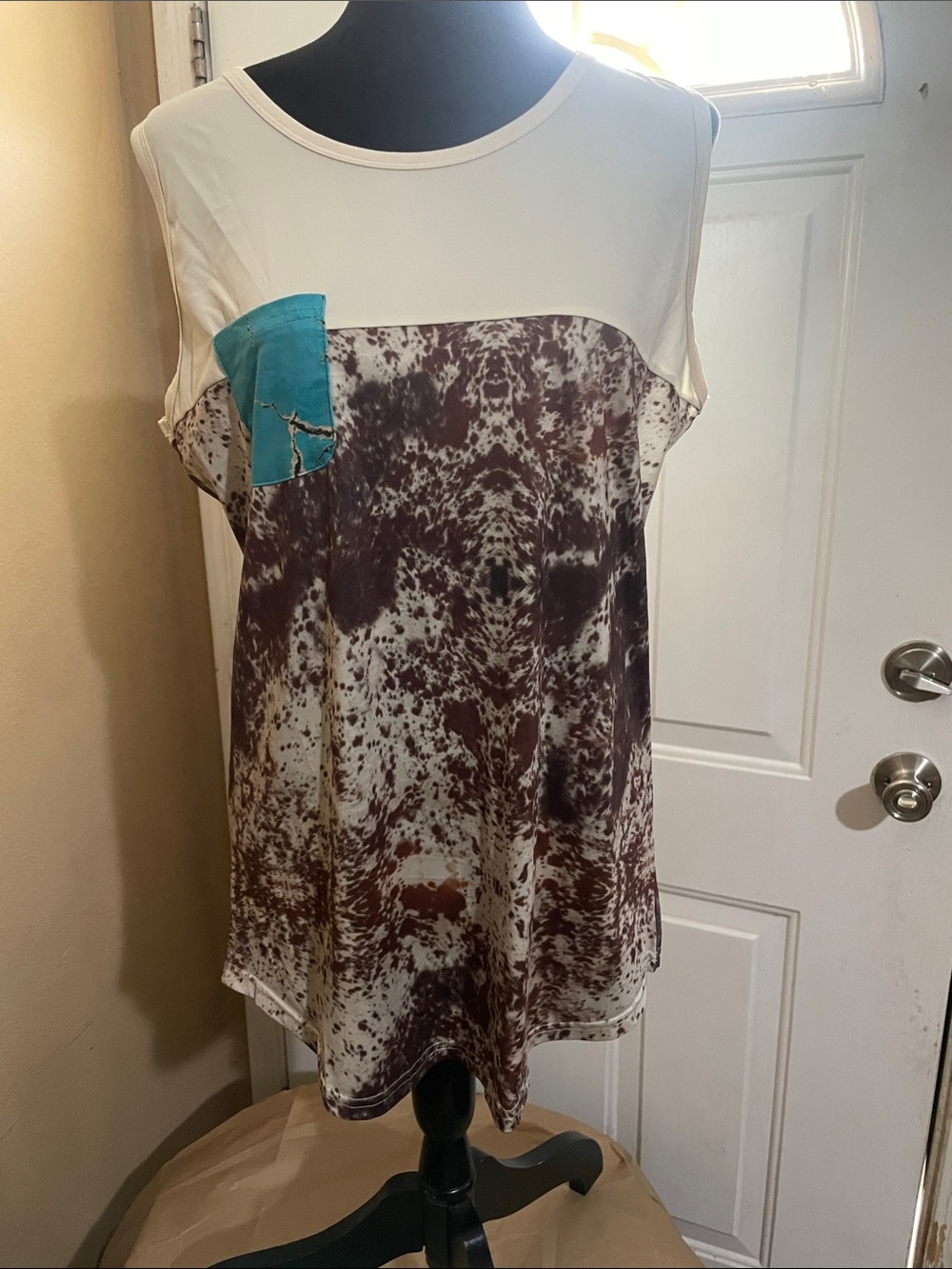 Crazy Train Cream & Brown Printed Tunic with Turquoise Patch